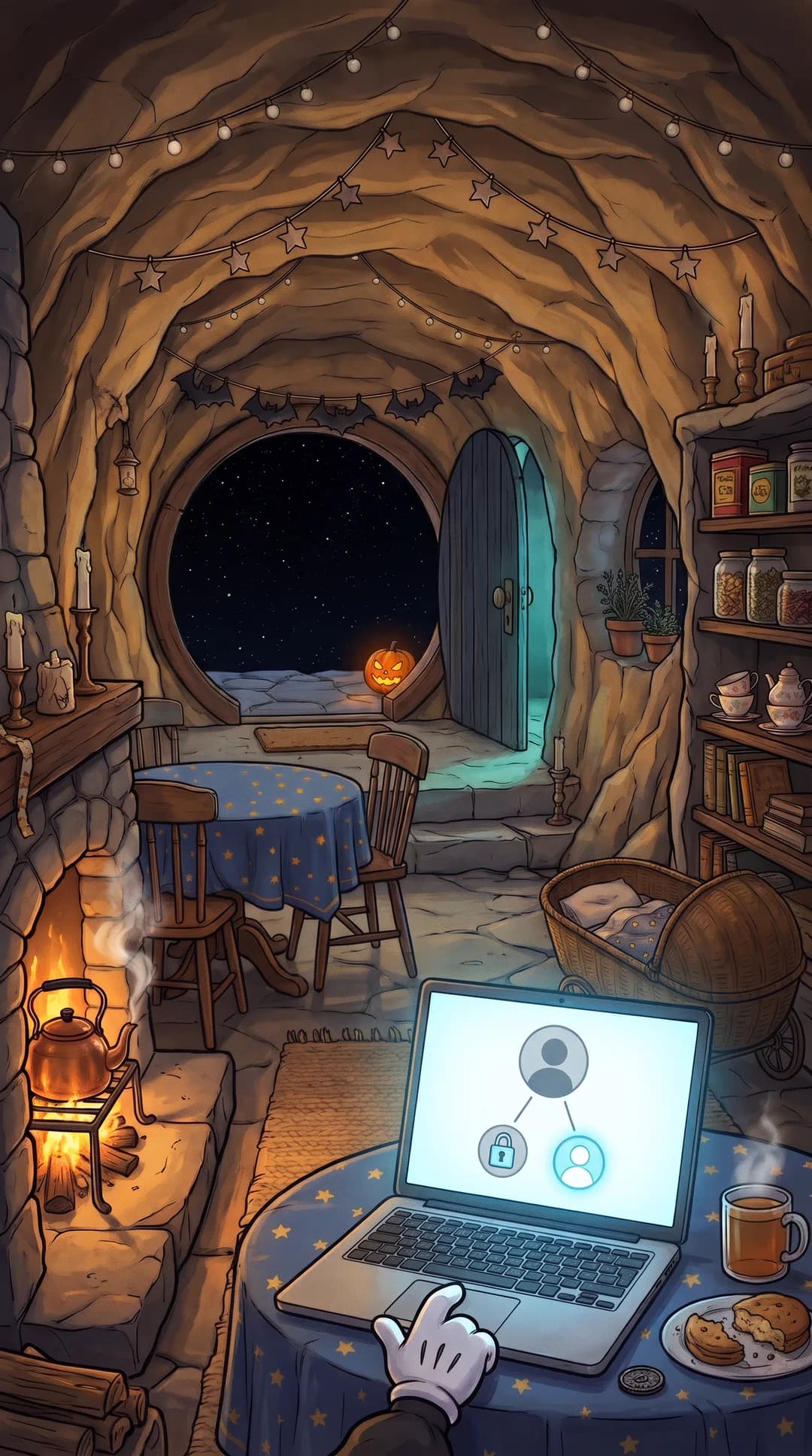 Over Hermes's shoulder, at one in the morning in his mother's sleeping cave, his laptop glows with one account icon branching into two channels, one padlocked and one open, while a narrow back door in the rock wall lets in a thin cold blue-green light.