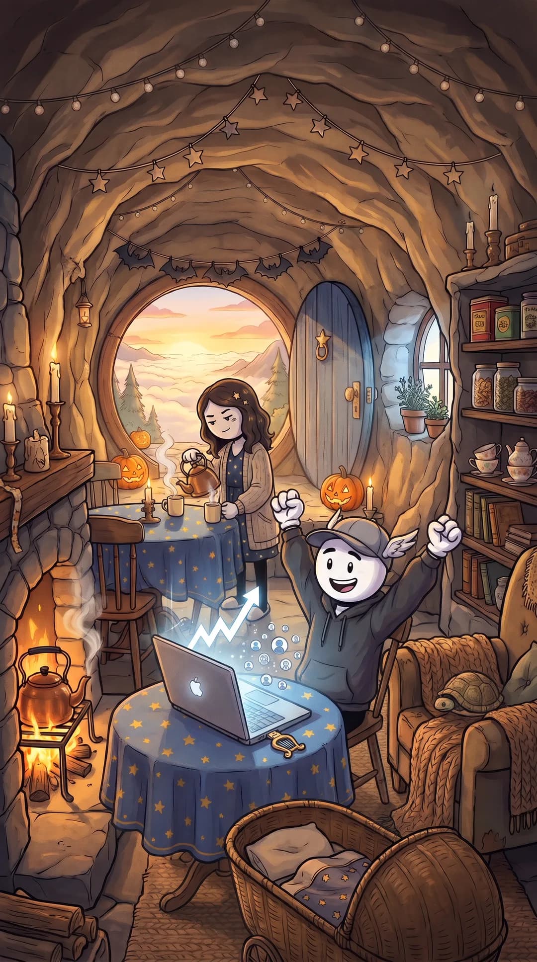 Seen from above, Hermes celebrates at his mother's kitchen table in her cave at sunrise, gloves raised before a glowing laptop with a golden lyre-shaped key plugged into its side, while Maia, kettle in hand, narrows her eyes at the music.