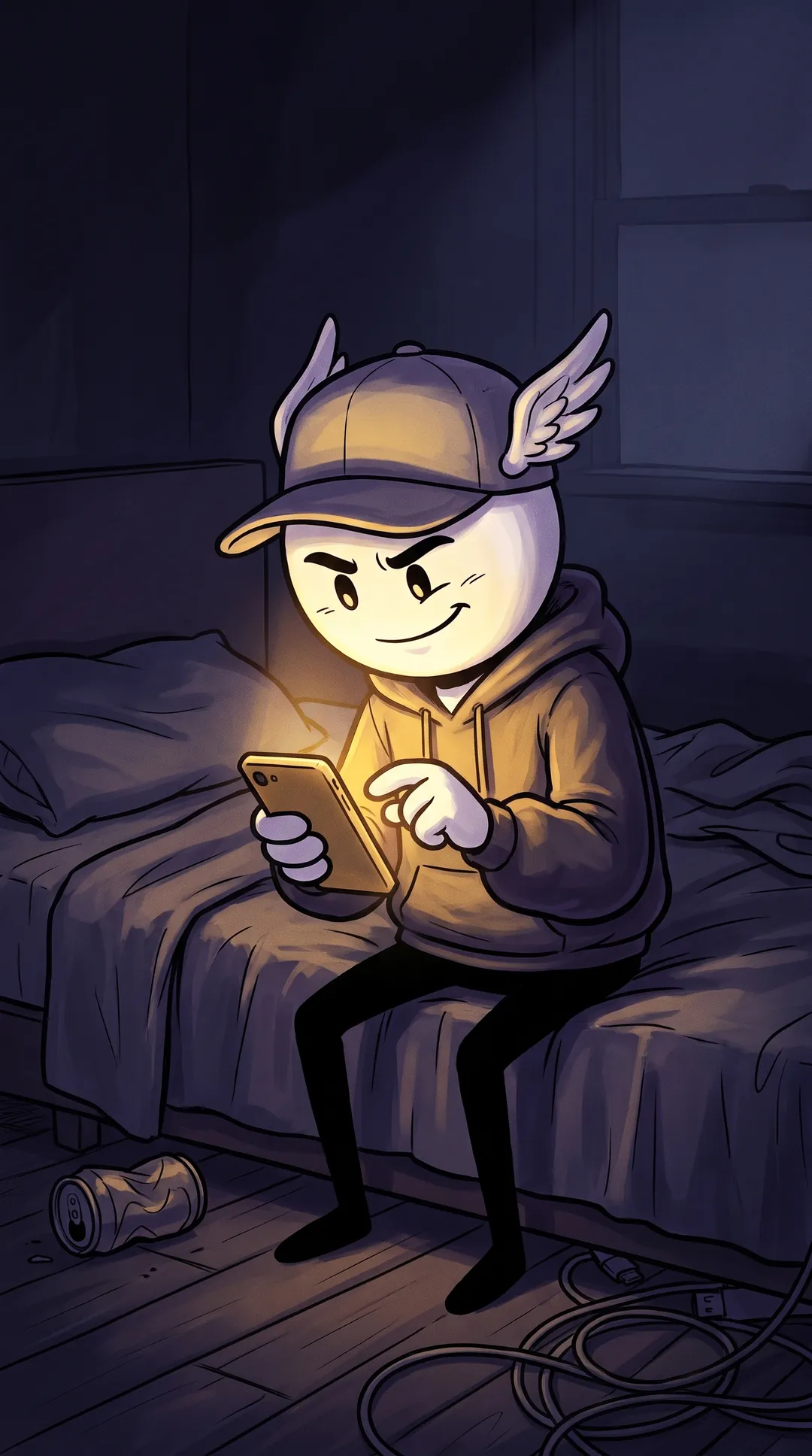 Hermes sitting on his bed at night, smirking at his glowing phone as he posts.