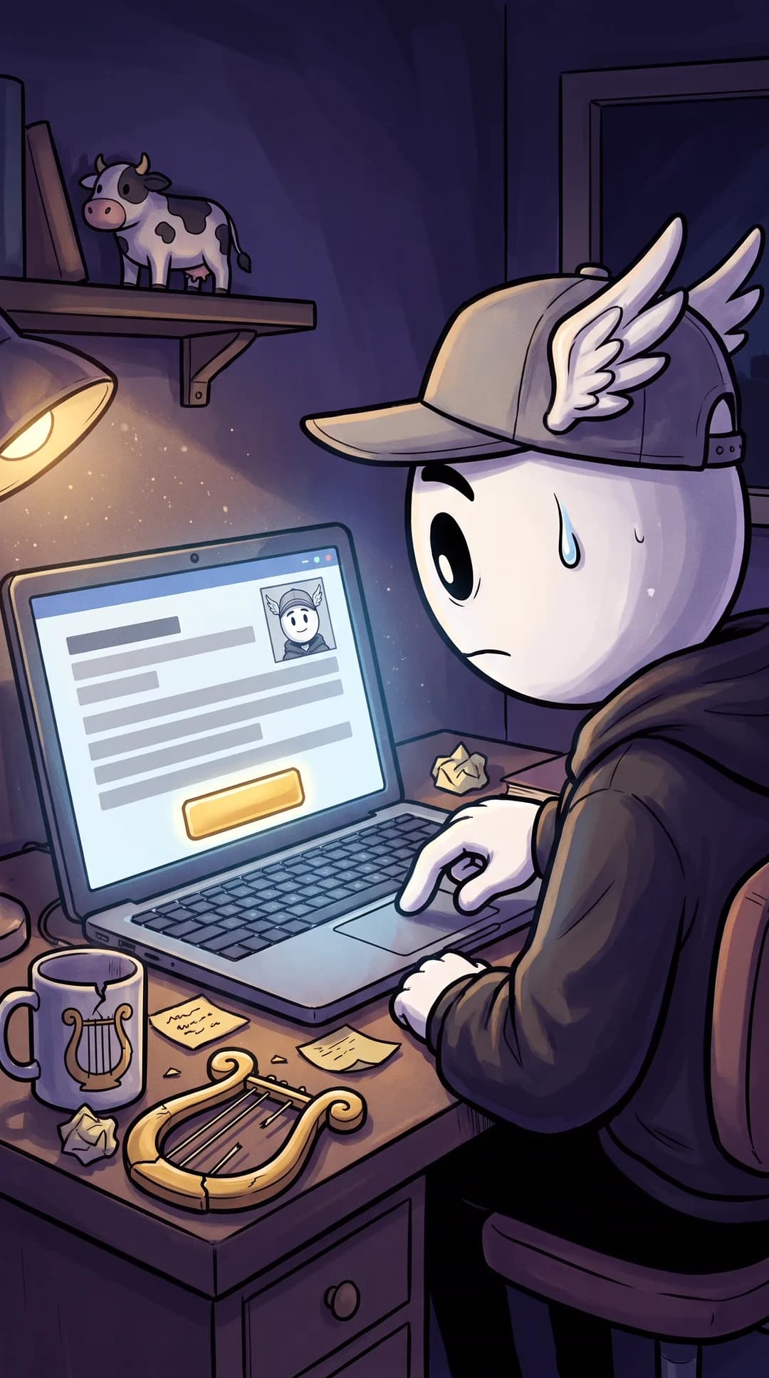 Hermes at his desk at night, sweating over a laptop form that shows his own ID photo and a glowing send button.