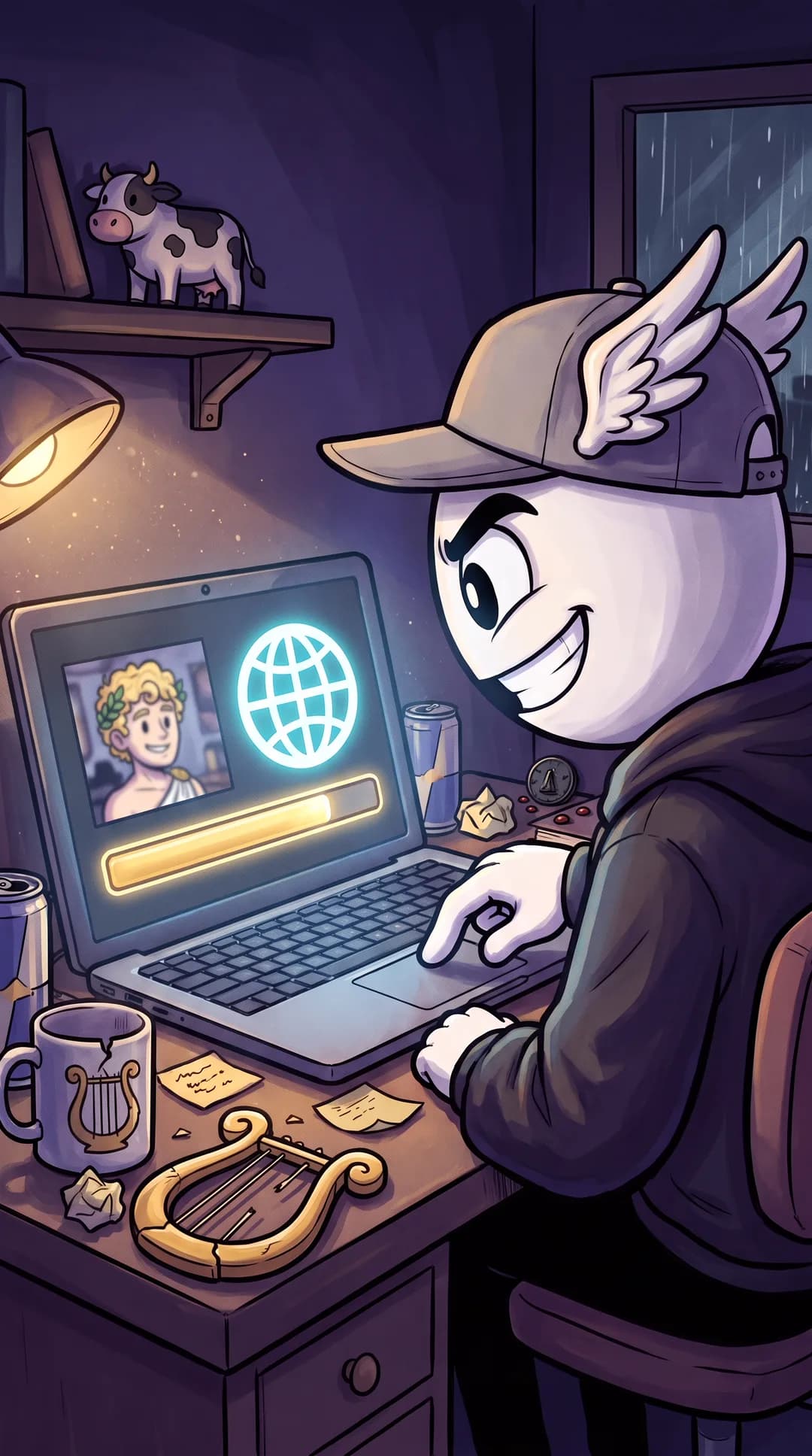 Hermes at his desk after midnight, grinning as a gold upload bar fills his laptop screen next to a large glowing globe icon.