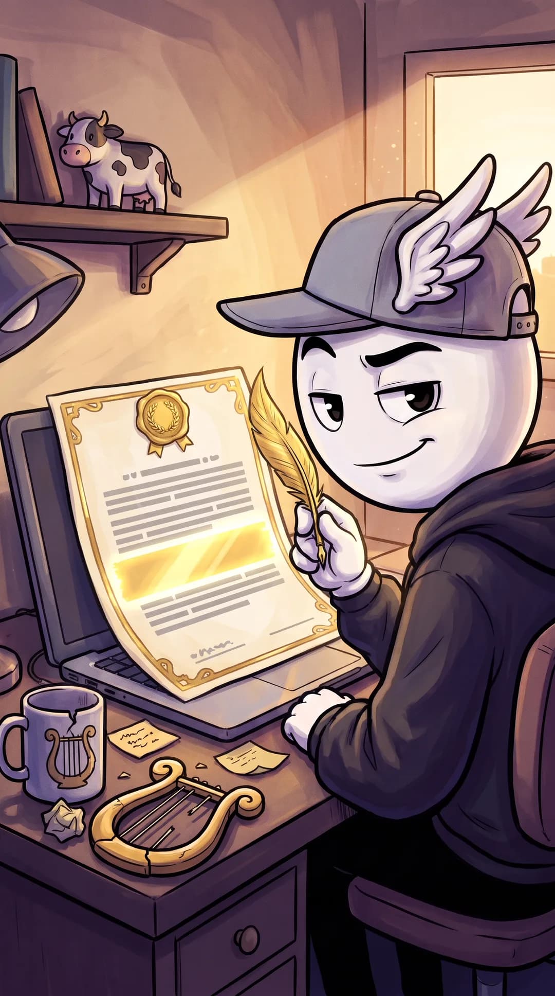 Hermes at his desk late in the morning, twirling a golden quill above a cream contract page where one line glows gold.
