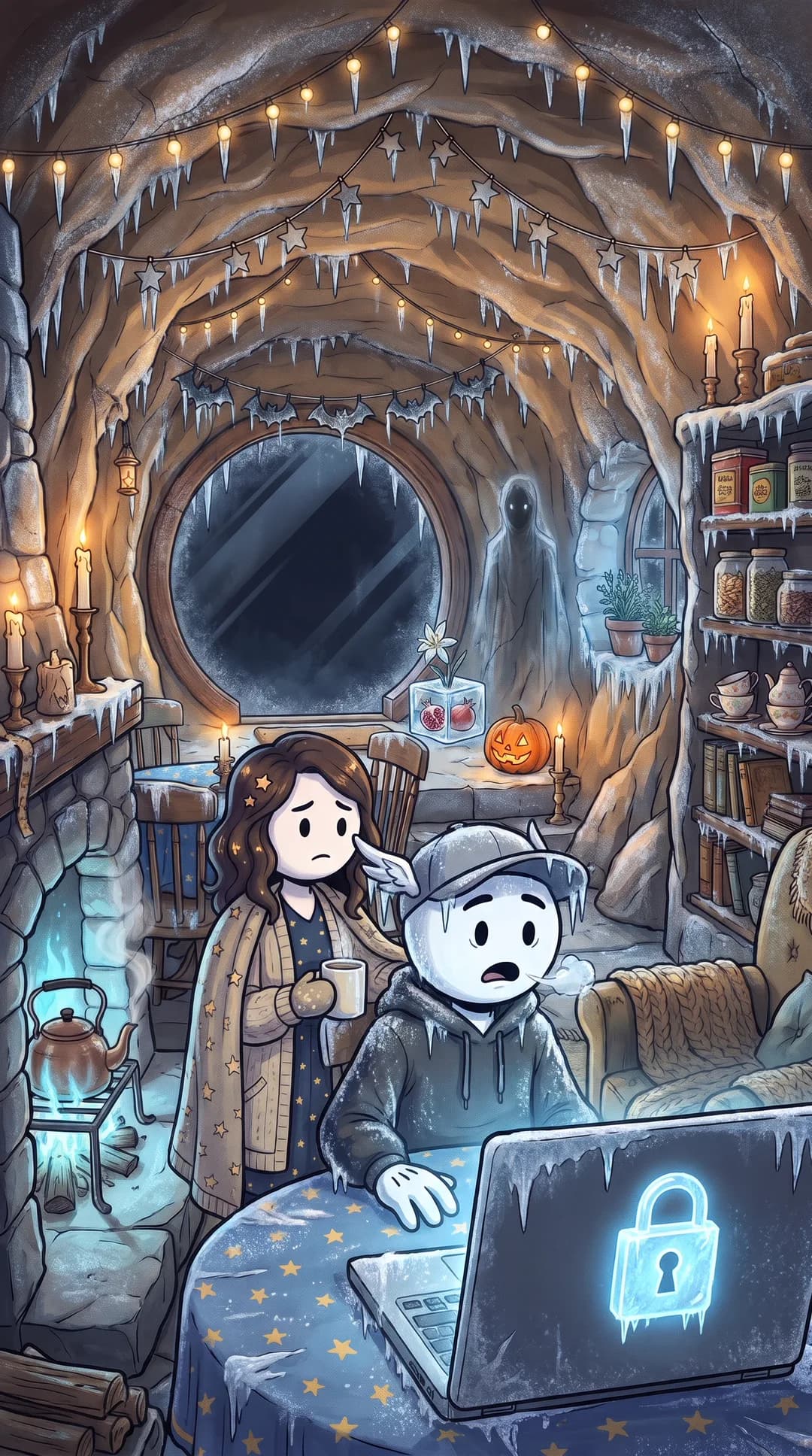 Hermes frozen stiff at his mother's kitchen table at night, her whole cave home covered in frost, a glowing ice-blue padlock on his laptop screen, while Maia wraps a starry blanket around his shoulders.