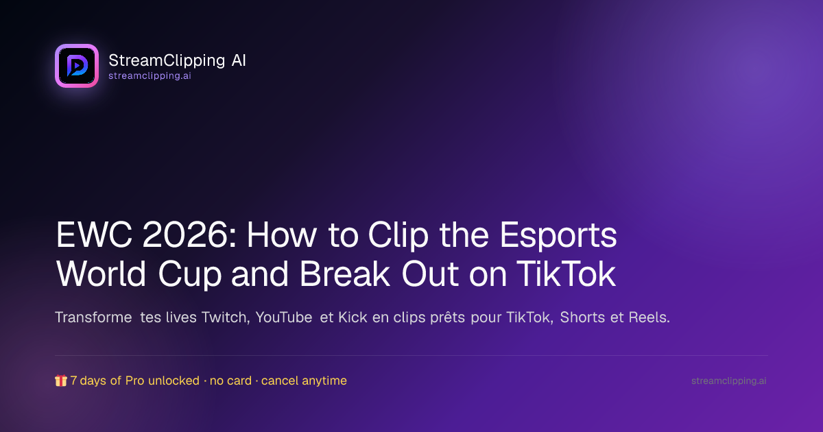 A streamer running an Esports World Cup 2026 watch-party, their screen sliced into vertical 9:16 clips ready to post on TikTok.