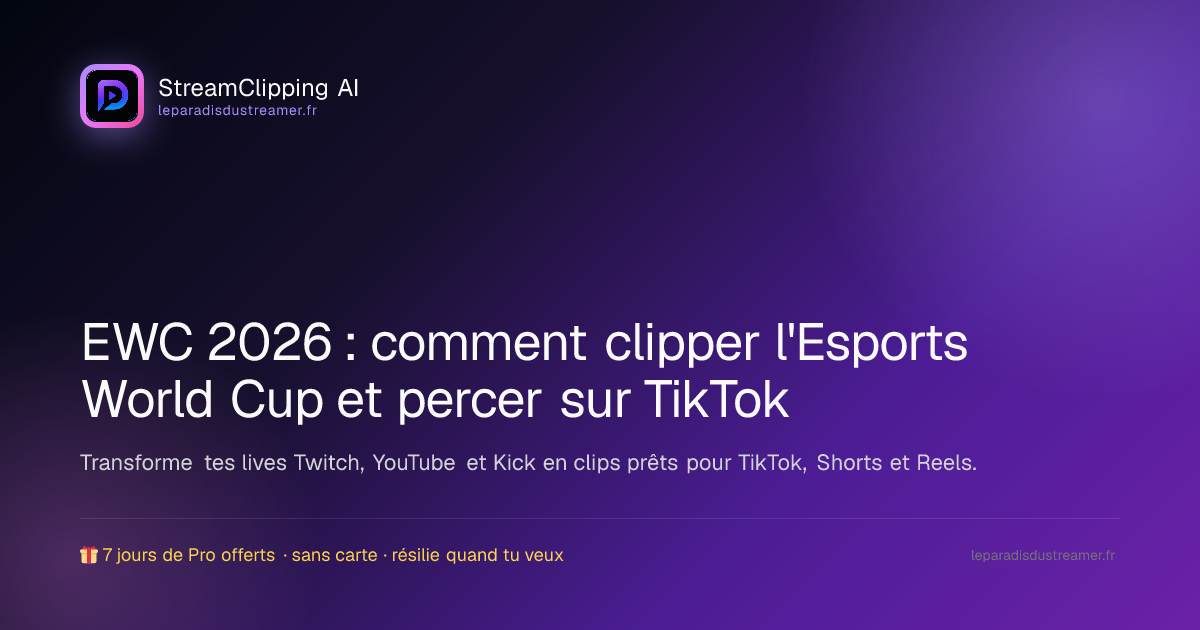 Un streamer en watch-party de l'Esports World Cup 2026, son écran découpé en clips verticaux 9:16 prêts à poster sur TikTok.