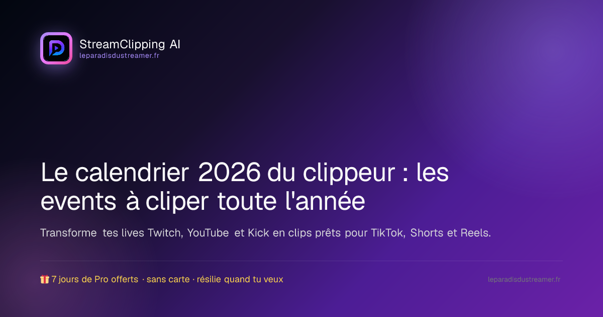 Calendrier 2026 du clippeur avec les gros events gaming et esport à cliper, entouré de clips verticaux 9:16 prêts à poster.