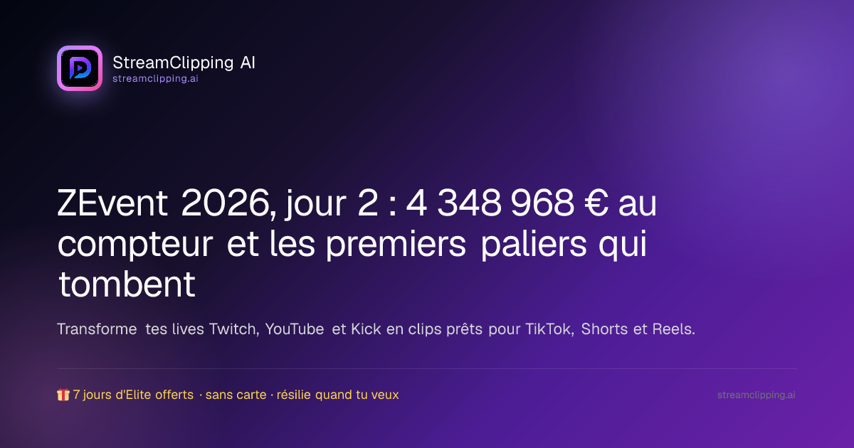 Compteur de dons du ZEvent 2026 au deuxième jour du marathon caritatif, plateau de stream en arrière-plan