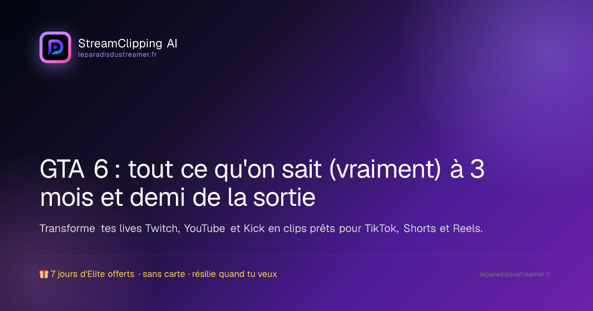 Récap complet de tout ce qu'on sait sur GTA 6 avant sa sortie du 19 novembre 2026, vu côté streamer et clippeur.