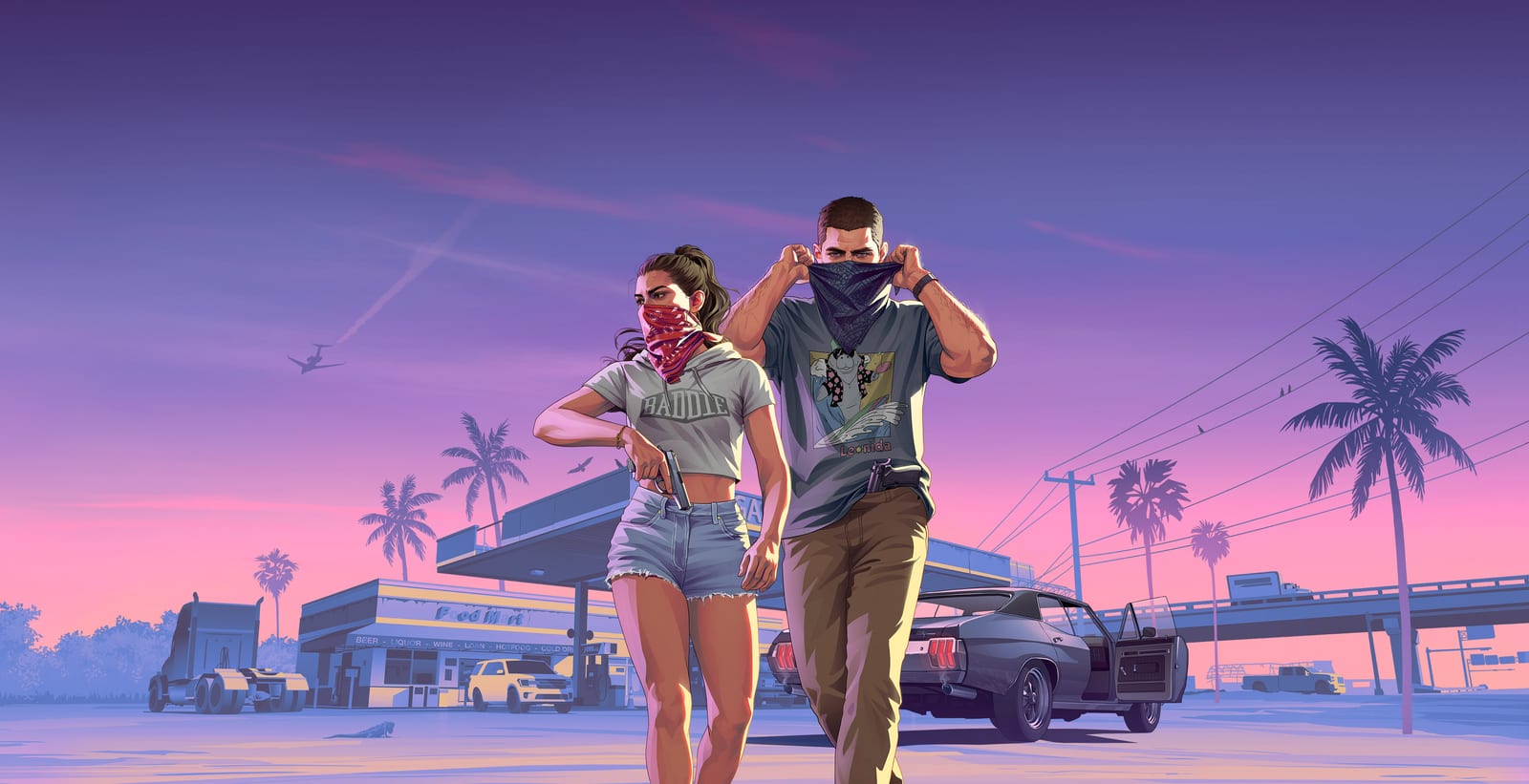 Lucia et Jason, le duo de GTA 6, dans la key art officielle utilisée par Rockstar pour sa campagne de communication.
