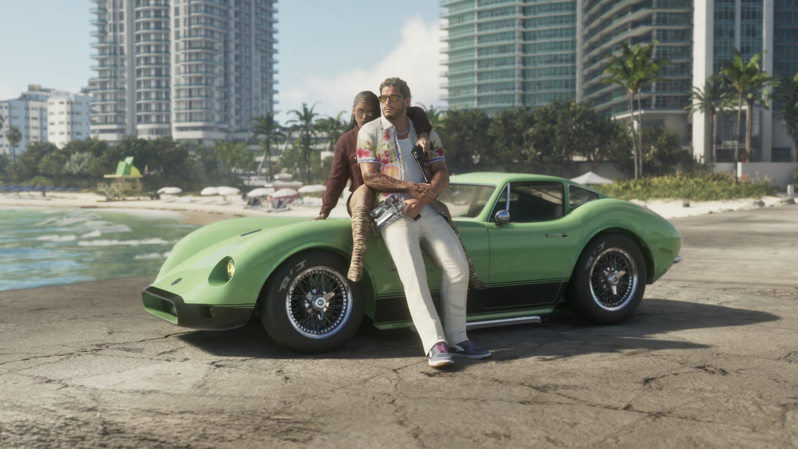 A sports coupe on the Leonida waterfront, an official capture of GTA 6's graphics engine.