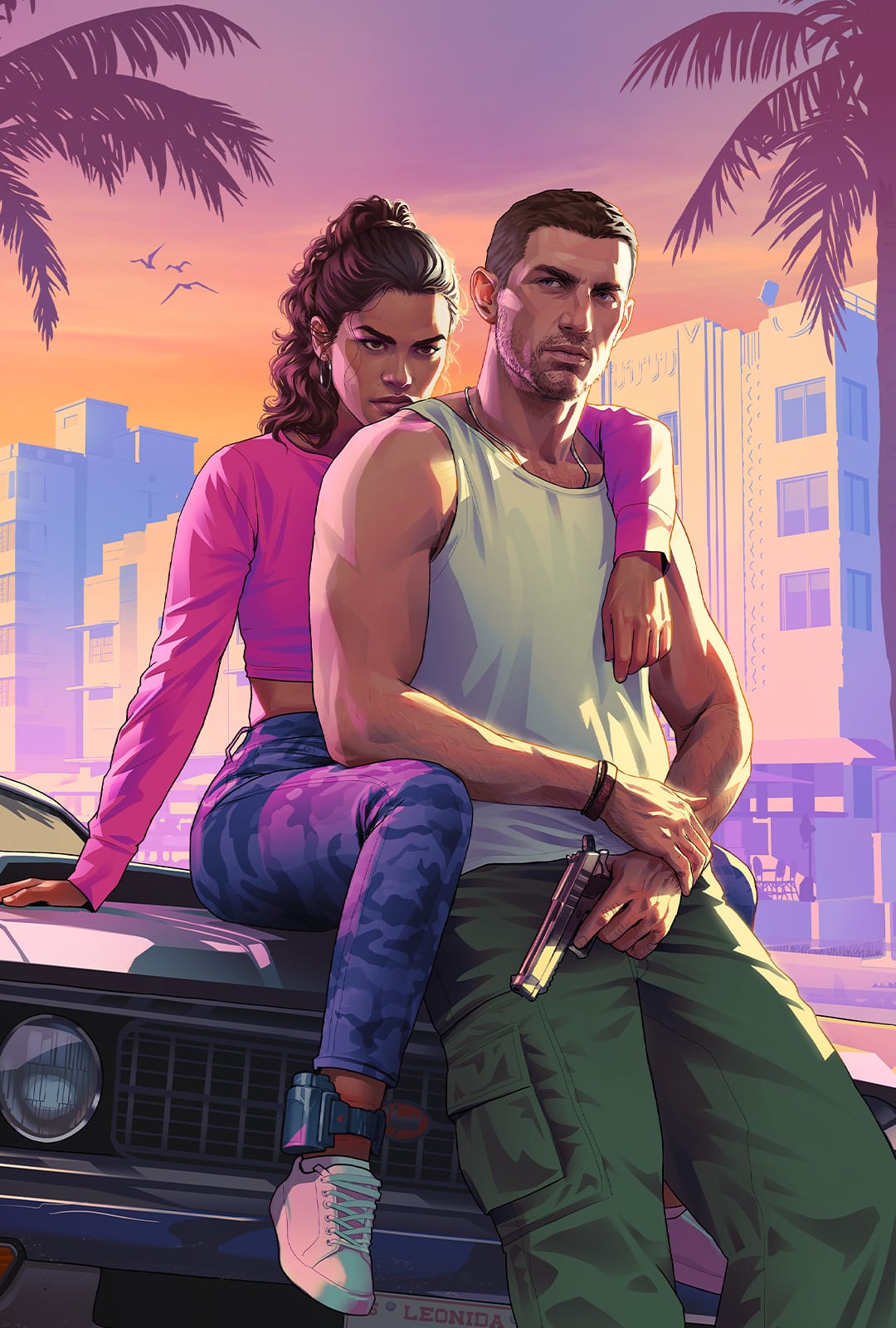 Lucia on the hood of a car and Jason gun in hand, at sunset over Vice City, in an official GTA 6 artwork.