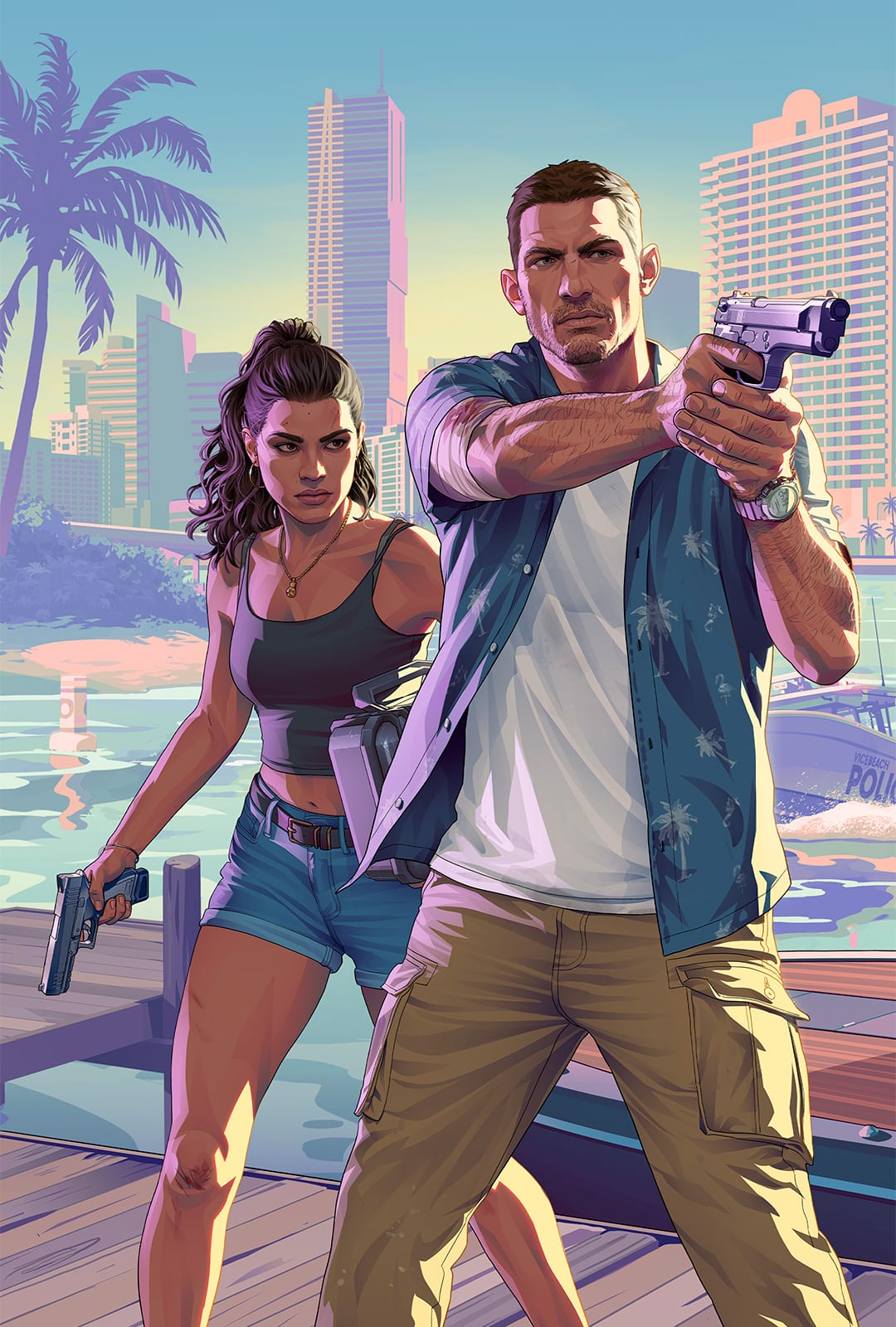 Lucia and Jason armed on a pier, GTA 6's playable duo, in an official Rockstar artwork.