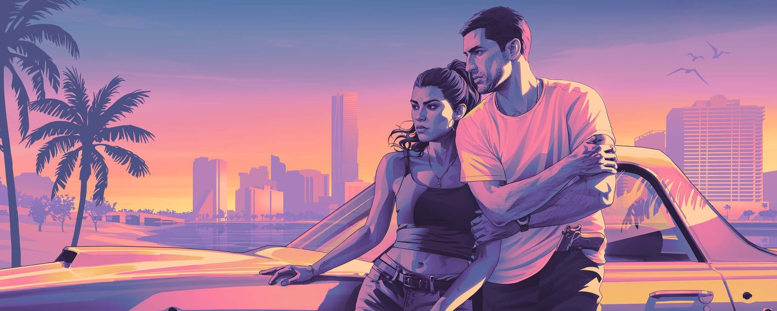 Lucia and Jason leaning against a car at sunset, against the Vice City skyline, in GTA 6's official album artwork.
