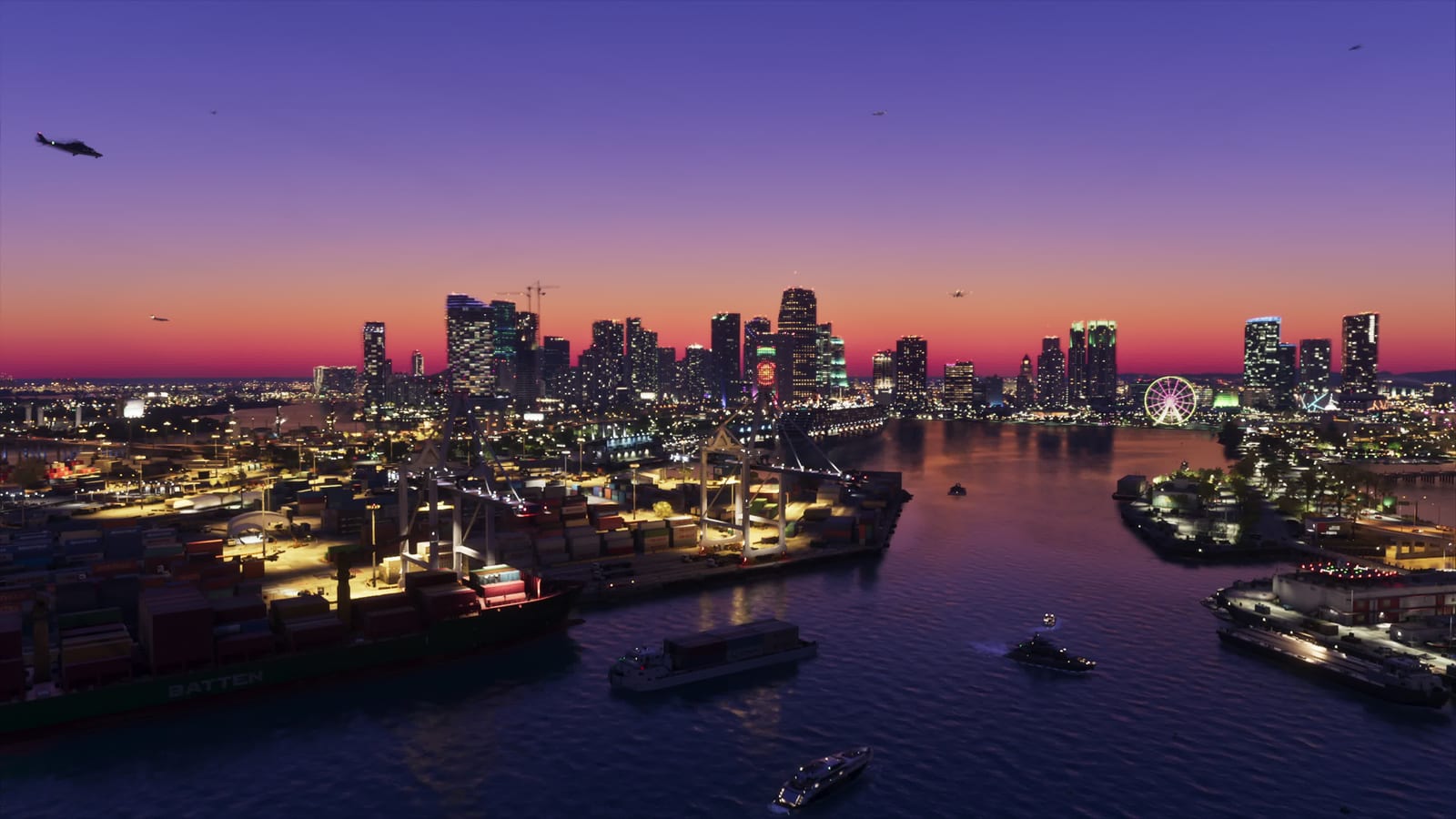 Vice City at dusk in GTA 6: the port, the skyline and the Ferris wheel, in an official Rockstar screenshot.